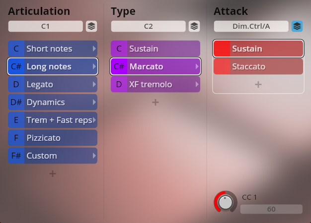 Vienna Symphonic Library Studio Special Editions 3 software interface showing Articulation, Type, and Attack settings with Long notes, Marcato, and Sustain selected.