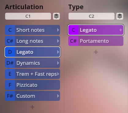User interface showing articulation and type settings for musical performance with Legato selected.
