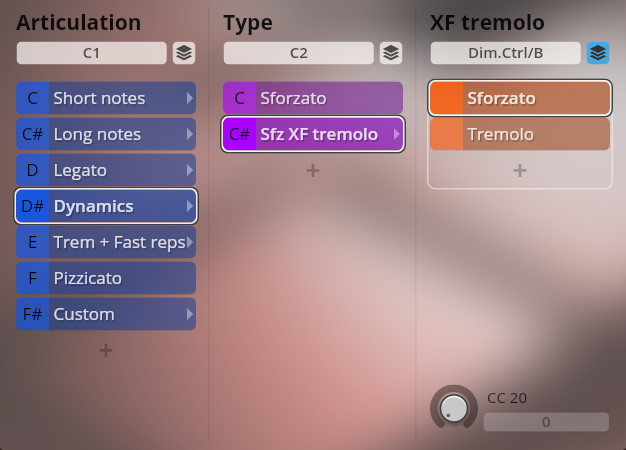 Screenshot of the Studio Special Editions 3 interface showing Articulation, Type, and XF tremolo settings, with Dynamics, Sfz XF tremolo, and Sforzato highlighted.