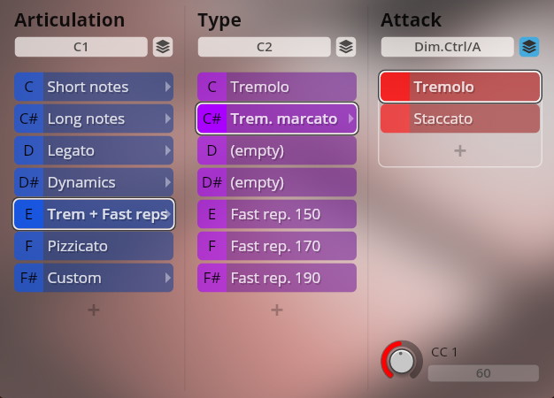 Screenshot of the Studio Special Editions 3 interface showing options for Articulation, Type, and Attack, including Tremolo and Staccato.