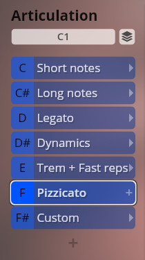 Digital interface for music articulation settings with options like C Short notes, D Legato, and F Pizzicato, showing C1 selected.