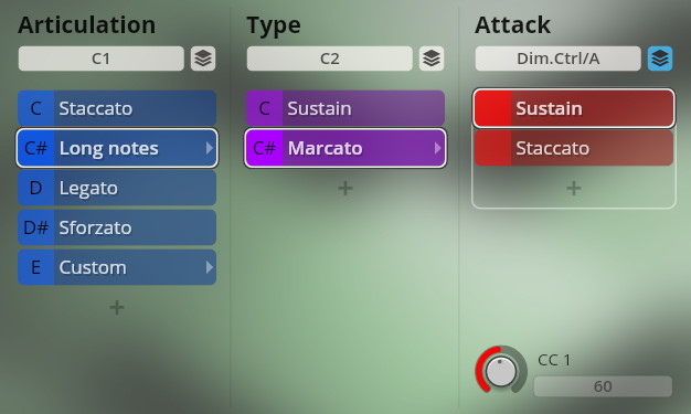 User interface showing articulation, type, and attack controls for the Vienna Symphonic Library's Essential Orchestra software.