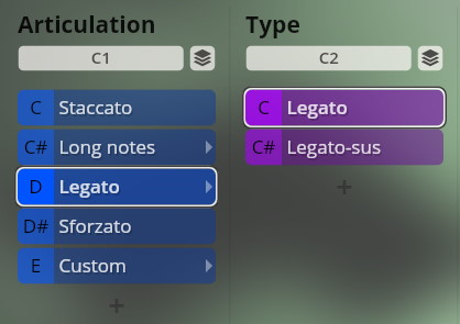 Vienna Symphonic Library Synchron Instruments interface showing Articulation and Type options for Essential Orchestra, with Legato selected.