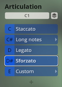 Vienna Symphonic Library Studio Special Editions Essential Orchestra software interface showing articulation options: Staccato, Long notes, Legato, Sforzato, and Custom.