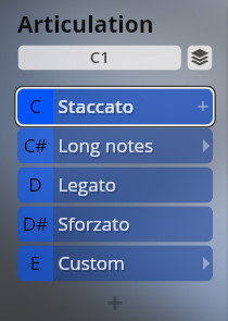 Digital interface showing music articulation options: C1, Staccato, Long notes, Legato, Sforzato, and Custom, relevant to special winds, choir, and voices in music production software.