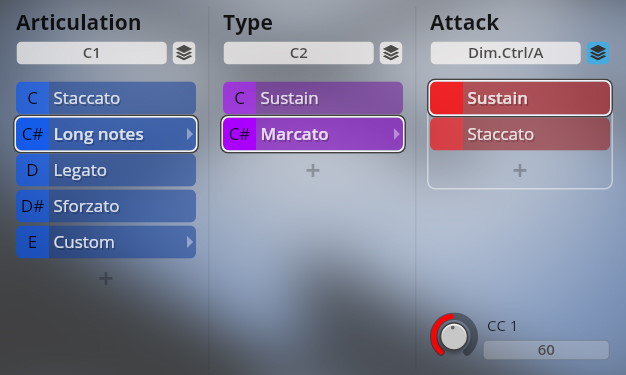 Vienna Symphonic Library Special Editions interface showing articulation, type, and attack controls with Long Notes, Marcato, Sustain, and Staccato options selected.