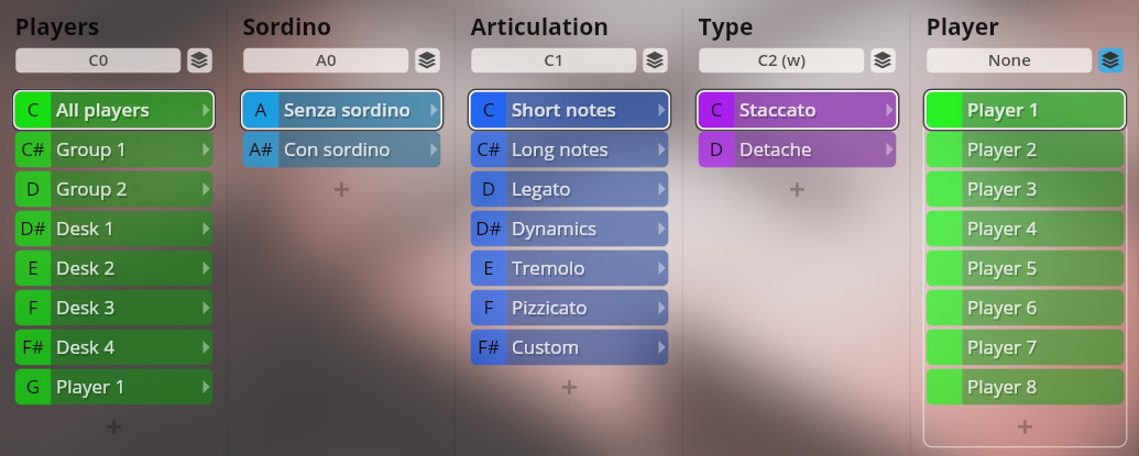 Vienna Symphonic Library Dimension Strings 5 software interface showing options for players, sordino, articulation (like staccato, tremolo, pizzicato), and instrument type.