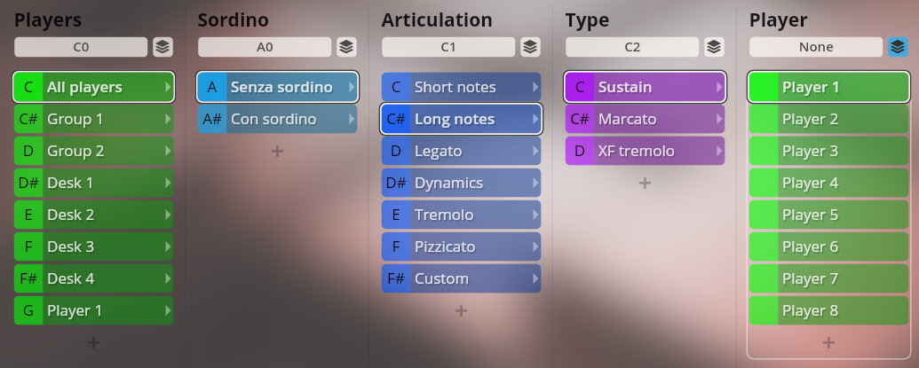 User interface showing sound setting parameters for Vienna Symphonic Library Dimension Strings. Controls for players, sordino, articulation, type, and individual player settings are visible.