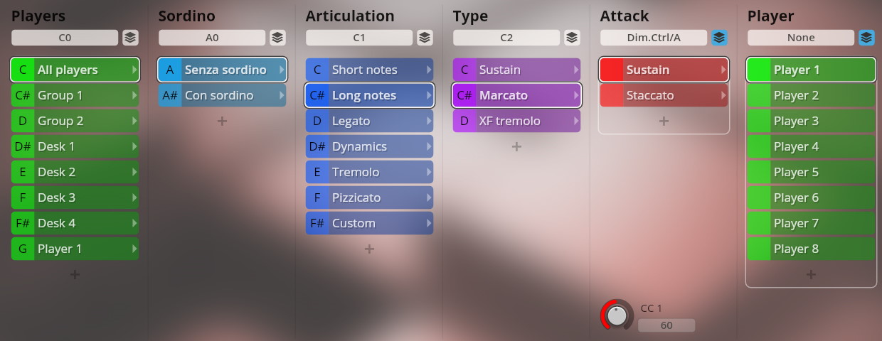 Vienna Symphonic Library software interface displaying sound articulation and player settings for Dimension Strings, featuring options like Long notes, Marcato, Sustain, and multiple player assignments.