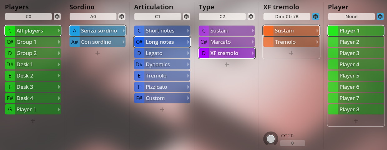 Vienna Symphonic Library Synchron Player interface showing controls for players, sordino, articulation (like long notes, tremolo), type (sustain, XF tremolo), and individual player selection for dimension strings, part of Studio Special Editions 5.