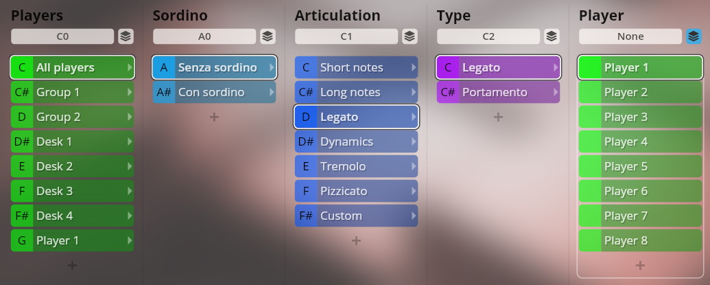 Vienna Symphonic Library Studio Special Editions 5 Dimension Strings interface showing options for players, sordino, articulation, type, and player selection, with Legato highlighted for articulation and type.