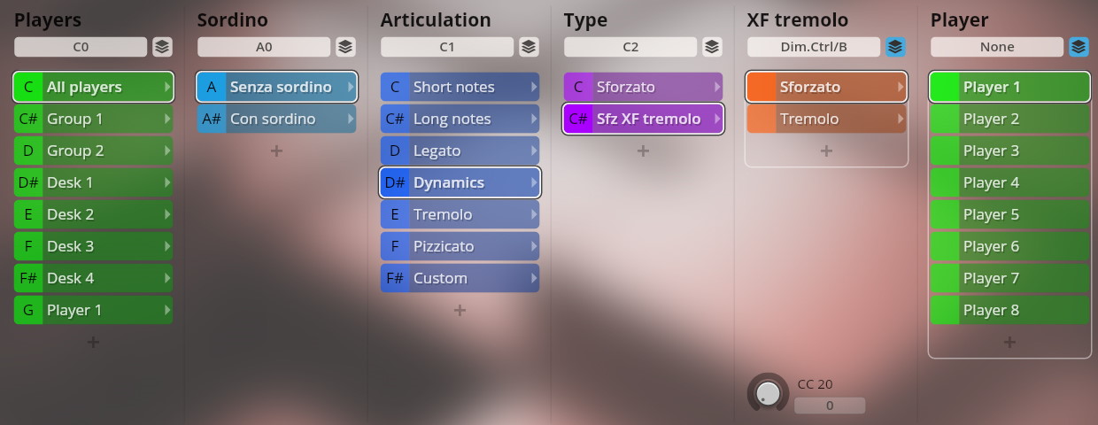 Vienna Symphonic Library Dimension Strings user interface showing settings for players, sordino, articulation, type, XF tremolo, and player assignments for sound customization.