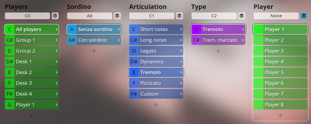 Vienna Symphonic Library Dimension Strings software interface, showing Players, Sordino, Articulation, and Type settings for virtual instrument control.