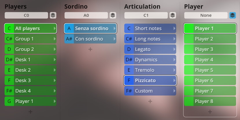 Vienna Symphonic Library Studio Special Editions 5 Dimension Strings virtual instrument interface showing options for Players, Sordino, Articulation (Pizzicato selected), and Player assignment.