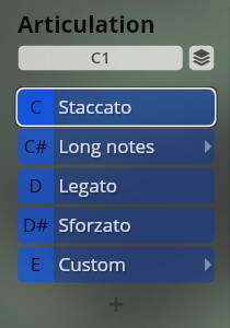 Vienna Symphonic Library Studio Special Editions 7 Articulation selection menu showing Staccato, Long notes, Legato, Sforzato, and Custom options.