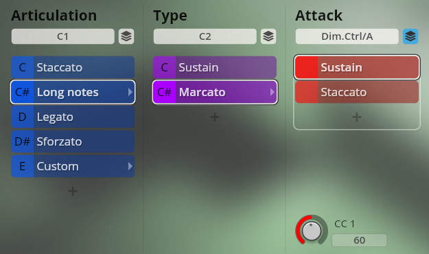Vienna Symphonic Library software interface showing articulation, type, and attack controls for instrument sounds like long notes or marcato.