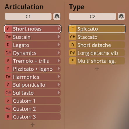 A screenshot of the Studio Solo Strings virtual instrument interface showing articulation and type selection menus. The articulation menu includes options like Short notes, Sustain, Legato, and Tremolo. The type menu features Spiccato, Staccato, and Short detache, demonstrating sound shaping for string instruments.