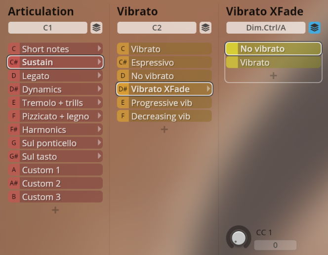 User interface for Solo Strings virtual instrument with articulation types like sustain and vibrato control options.