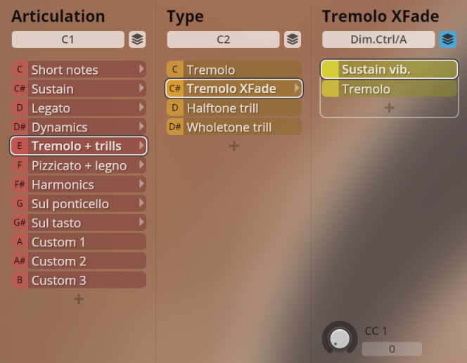 Software interface displaying articulation, type, and tremolo XFade controls with options like Tremolo + trills, Sustain vib., and Tremolo for Studio Solo Strings virtual instruments.