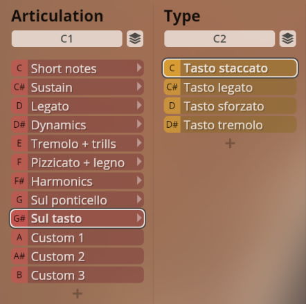 User interface for solo strings with Articulation and Type settings, including options like Short notes, Legato, Tremolo, Harmonics, Sul tasto, Tasto staccato, and Tasto legato.