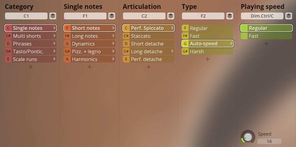 Studio Solo Strings user interface showing categories like single notes, articulations (perf. spiccato, staccato), type, and playing speed (regular, fast) for virtual string instruments.