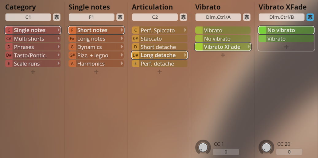User interface for Studio Solo Strings, displaying options for single note categories, articulations like long detache, and vibrato types including XFade.