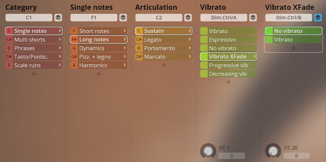 Software interface for controlling Studio Solo Strings, displaying options for category, single notes, articulation, vibrato, and vibrato crossfade, with 'Long notes', 'Sustain', and 'Vibrato XFade' selected.