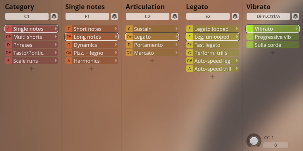 User interface with categories and settings for solo string virtual instruments, including single notes, articulation, legato, and vibrato options, showing 'Vibrato' selected under the 'Vibrato' column.