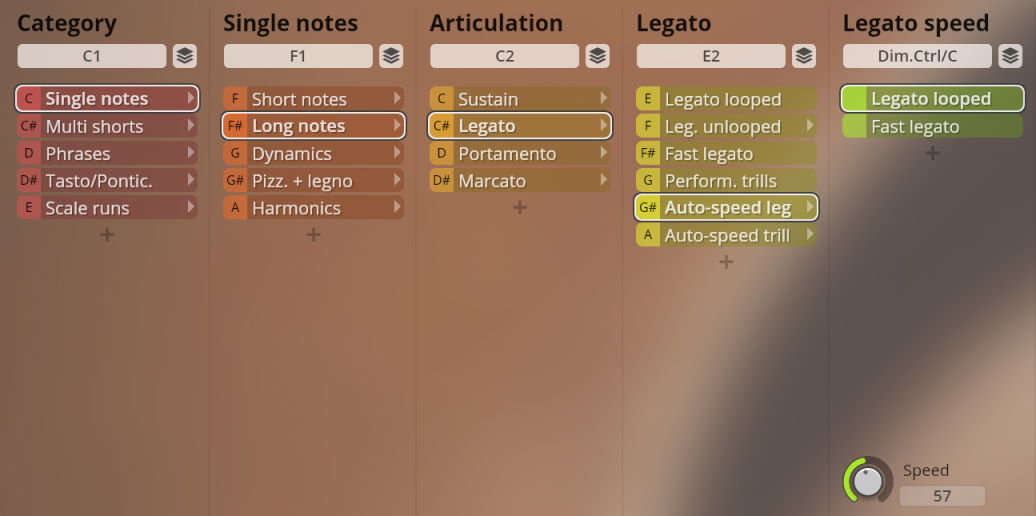 Studio Solo Strings virtual instrument interface showing selected Single notes, Long notes, Legato articulation, and Auto-speed leg enabled for optimal solo violin, viola, and cello performance.