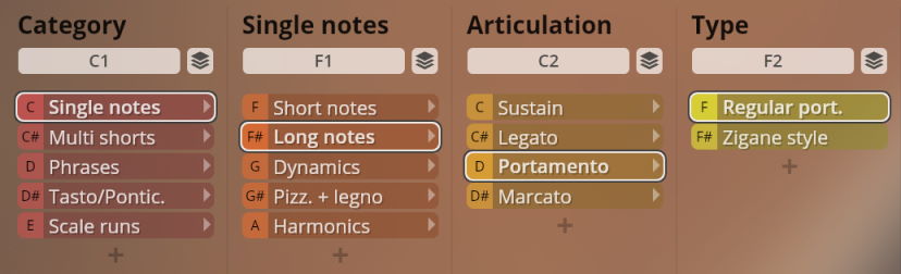 Software interface for Studio Solo Strings instrument library, showing categories like Single notes, Long notes, Portamento, and Regular portamento for granular sound control.