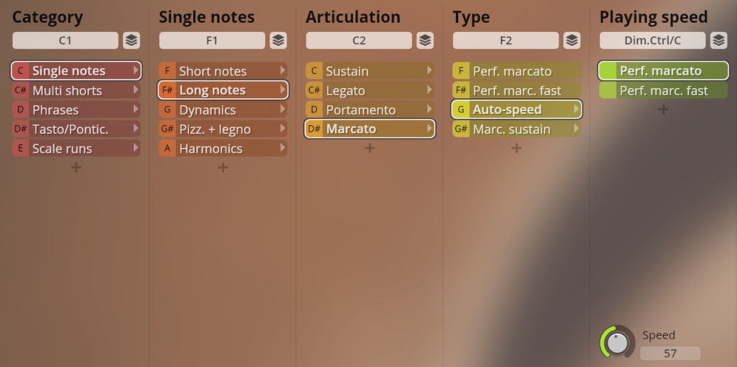 Software interface for Studio Solo Strings showing category, single notes, articulation, type, and playing speed selections, with Long notes, Marcato, and Auto-speed highlighted, indicating options for virtual instrument control and sound customization.