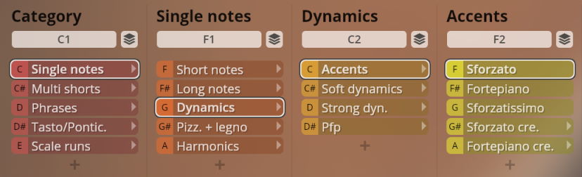 User interface for virtual string instruments featuring categories like Single Notes, Dynamics, and Accents with selectable options for musical articulations and expressions.