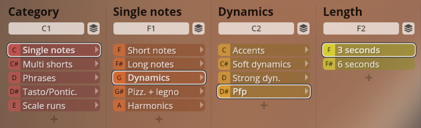 Studio Solo Strings virtual instrument interface showing category, single notes, dynamics, and length parameters for sound selection.