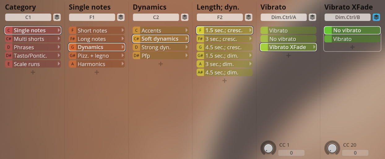 Studio Solo Strings instrument interface showing categories for single notes, dynamics, length, vibrato, and vibrato crossfade settings with various options like soft dynamics and 1.5 sec. crescendo.
