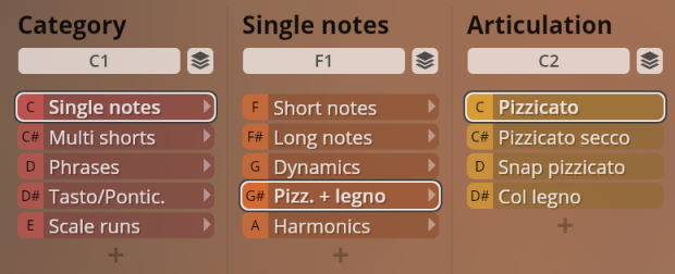 Vienna Symphonic Library Studio Solo Strings software interface showing category, single notes, and articulation controls for instrument sounds including pizzicato.