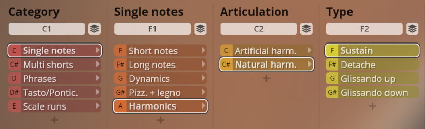 User interface displaying sound library categories, single notes, articulation, and type options, including Single notes, Harmonics, Natural harm., and Sustain, for Studio Solo Strings virtual instruments.