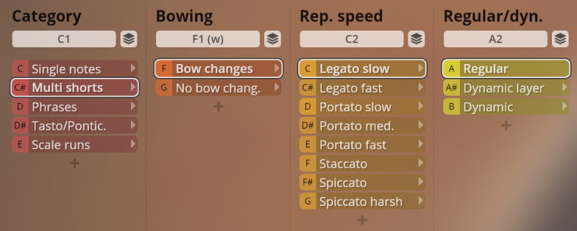 User interface for Studio Solo Strings instrument settings: Category, Bowing, Repetition Speed, and Regular/Dynamic controls, showing options like Multi shorts, Bow changes, Legato slow, and Regular.