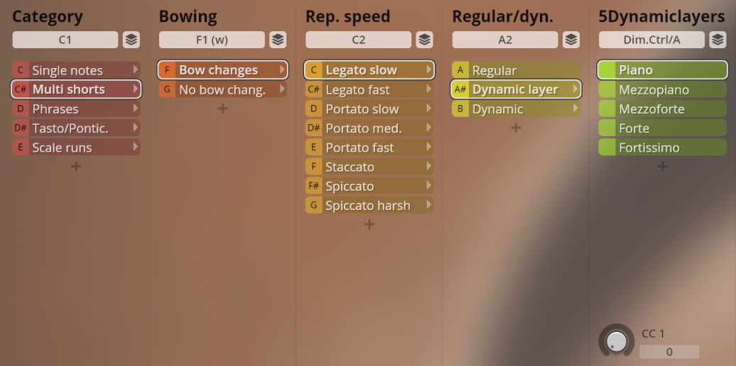 Screenshot of the Studio Solo Strings virtual instrument interface showing sound categories, bowing types, repetition speeds, dynamic layers, and individual dynamic control options set to Piano.