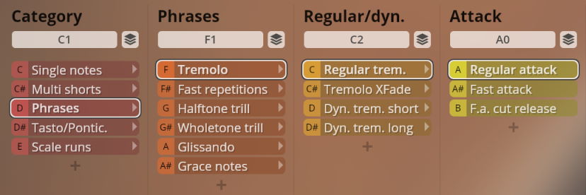 Graphical user interface for Studio Solo Strings instrument selection, showing categories like Phrases, Regular/dynamic, and Attack, with Tremolo and Regular attack highlighted.