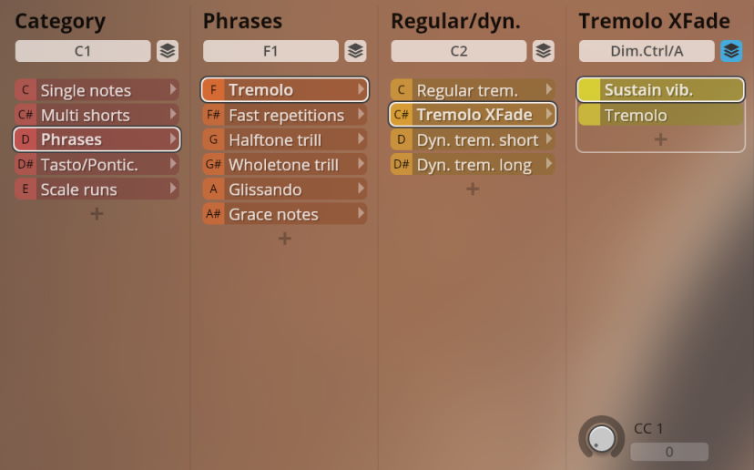 User interface of Studio Solo Strings software with Tremolo XFade selected for violin, viola, and cello instruments.