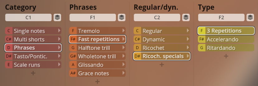 User interface showing sound instrument parameters like phrases, repetitions, and dynamics, for Studio Solo Strings.
