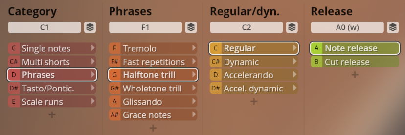 User interface for Studio Solo Strings instrument selection displaying categories like Phrases, Regular/dyn., and Release, with options such as Halftone trill, Note release, and Accelerando.