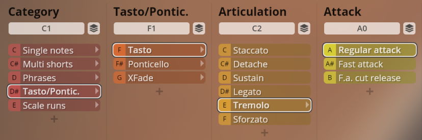 User interface showing sound categories for Studio Solo Strings, including Single notes, Multi shorts, Phrases, Tasto/Ponticello, Scale runs, Staccato, Detache, Sustain, Legato, Tremolo, Sforzato, Regular attack, and Fast attack.
