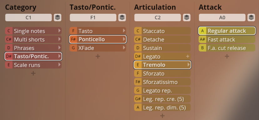 User interface showing selectable options for musical string categories, Tasto/Ponticello, articulations, and attack types for Studio Solo Strings.