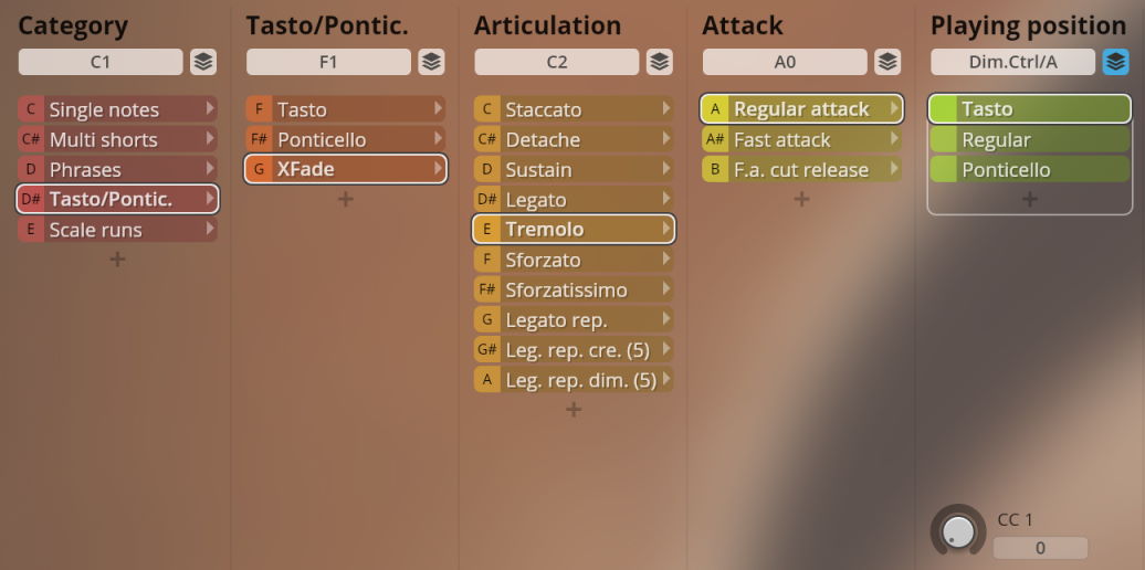 Software interface for Studio Solo Strings showing selectable categories, articulations, attack types, and playing positions for virtual instruments, including options like Tasto/Ponticello, Tremolo, and Regular Attac.