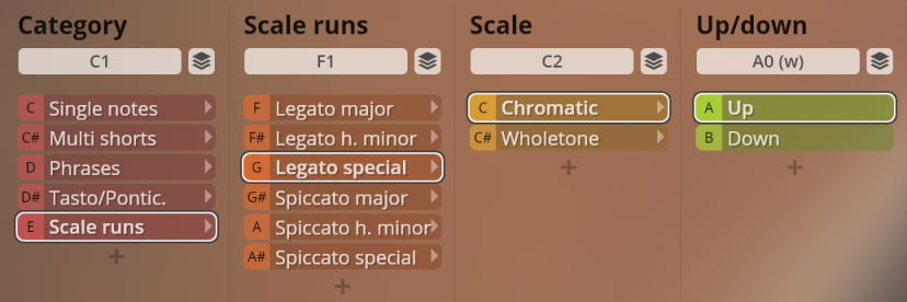 Studio Solo Strings software interface with menu selections for Category (Scale Runs), Scale Runs type (Legato Special), Scale (Chromatic), and Up/down (Up) settings.