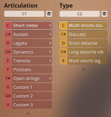 Studio Solo Strings musical articulation and type selection interface, showing options like Short notes, Sustain, Legato, Staccato, and Pizzicato for virtual solo instruments.
