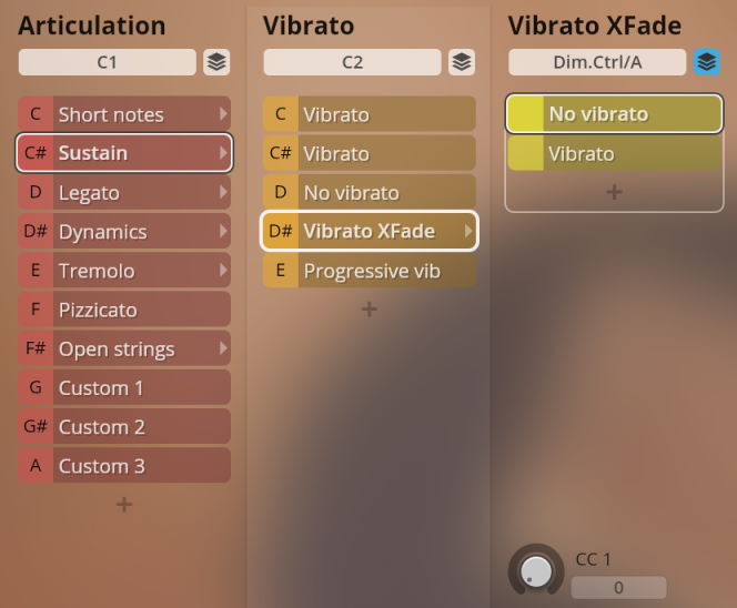 Software interface for musical articulation and vibrato control in solo string instruments, showing options like sustain, legato, short notes, pizzicato, and vibrato crossfade settings.