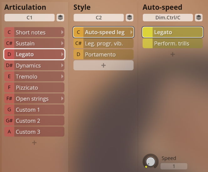 Software interface showing musical articulation, style, and auto-speed settings, with Legato selected in all three panels, relevant for Studio Solo Strings.
