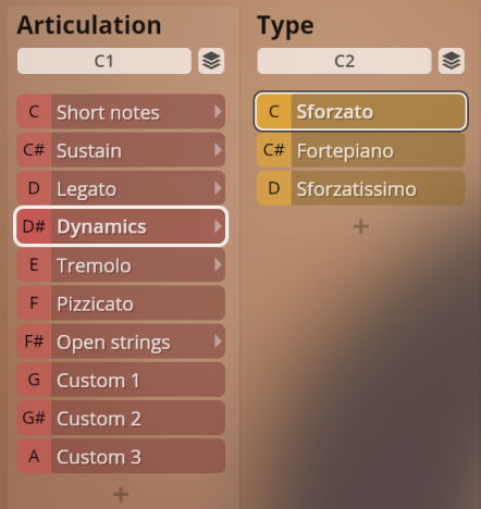 User interface displaying articulation and type options for Studio Solo Strings virtual instruments. Articulation options include Short notes, Sustain, Legato, Dynamics, Tremolo, Pizzicato, Open strings, and Custom settings. Type options show Sforzato, Fortepiano, and Sforzatissimo.